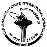 Cachet de Centenaire du Comité International Olympique Pierre de Coubertin